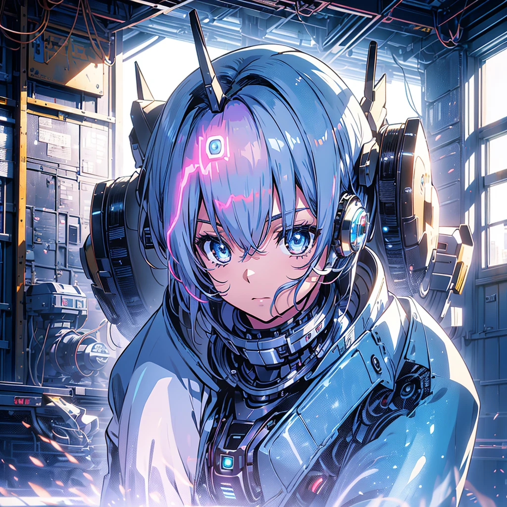 Anime, 2 characters, (1 teenage anime girl, silvery blue hair, bright blue star-shaped eyes); (1 Robot, Cape, Luminous Eyes, Rugged, Fantasy, Lights, outdated, old style, dark blue, bronze), Room with window, sitting