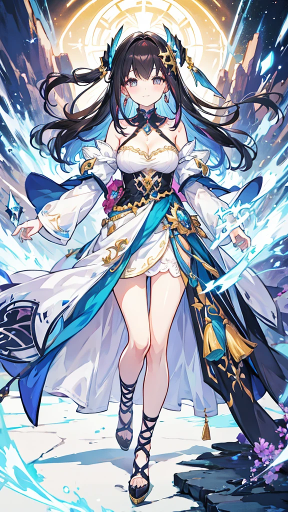fantasy world girl with colorful hair, accessories, detailed clothes, dark hair