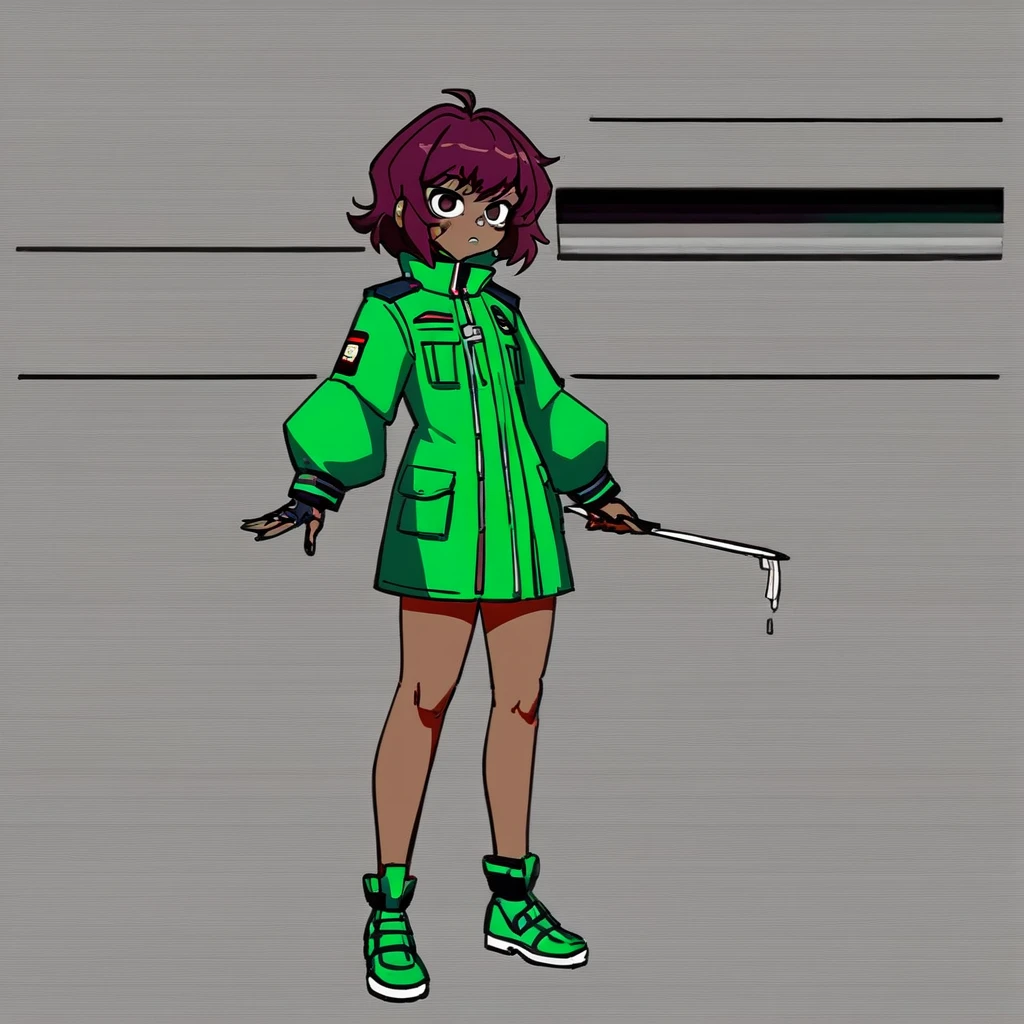 "girl similar to gorillaz noodles, (( drawing )), ((anime girl nose)), drawing of a woman in green clothes, concept art, inspired by Tomer Hanuka, funny art, invader zim, she is wearing a wet coat, . bottom of hell., y 2k cutecore clowncore, cyberpunk, she has olive brown skin, grunge, adoptable full body, warm shading, loose cut