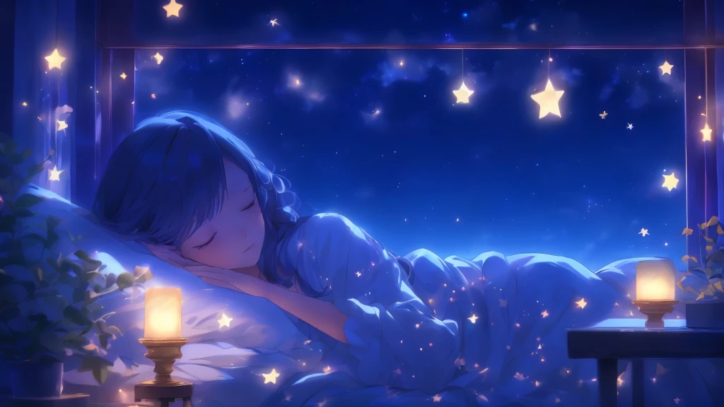 anime girl sleeping in bed with stars and candles in the window, A dreamlike night, night under the starry null, Anime Art Wallpapers 8K, anime art wallpaper 4k, anime art wallpaper 4k, star(null) starry_null, 4k anime wallpaper, Makoto Shinkai Cyril Rolland, quiet night. Digital Illustration, Nightcore, starry null, Dreamy illustration