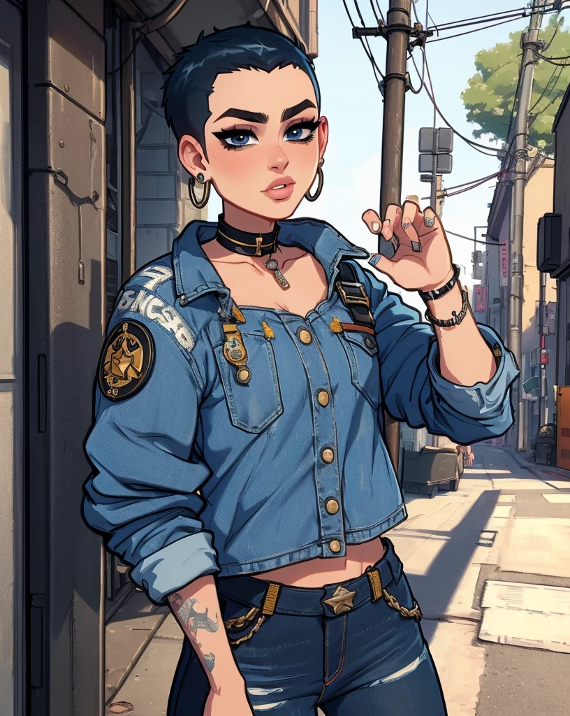 (masterpiece:1.2, best quality), (1lady, solo, upper body:1.2), Hair: buzz cut, Clothing: oversized, distressed denim jacket with patches and pins, paired with black skinny jeans and combat boots, Accessories: silver hoop earrings and a black choker necklace, Hanging out in an underground music venue or street art exhibit, seductive pose, pretty 