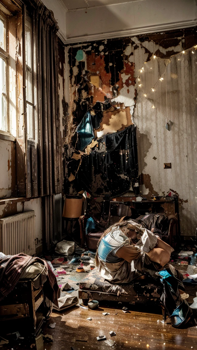 tmasterpiece,abandoned building,Garbage all over the ground,grimy,full-body portraits,Sexy standing pose,Slim legs,very beautiful long slim legs,The barefoot,Naked all over the body,full body exposed,exhibitionists,The body is exposed randomly