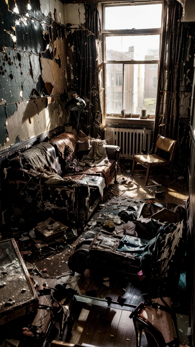 ((Masterpiece，of the highest quality))，((of the highest quality，8k，ultra high resolution))，((極めてdetailed，detailed))，(The complete image of the pretty figure.)，Japanese，hostess，gal，beauty，，attractive，，G-cup，narrow waist，firm ，long, thin legs，wavy blonde hair, Hydrated skin，A satin cabaret dress worn over .(sequin decoration)，earrings，collar，stiletto heels，AND IN THE BACKGROUND Abandoned living room, walls peeling with moho, broken and worn furniture, sofas with torn upholstery and dried blood stains, windows with frayed curtains, ground covered in dust and debris, fallen and broken paintings, a flickering floor lamp in a corner