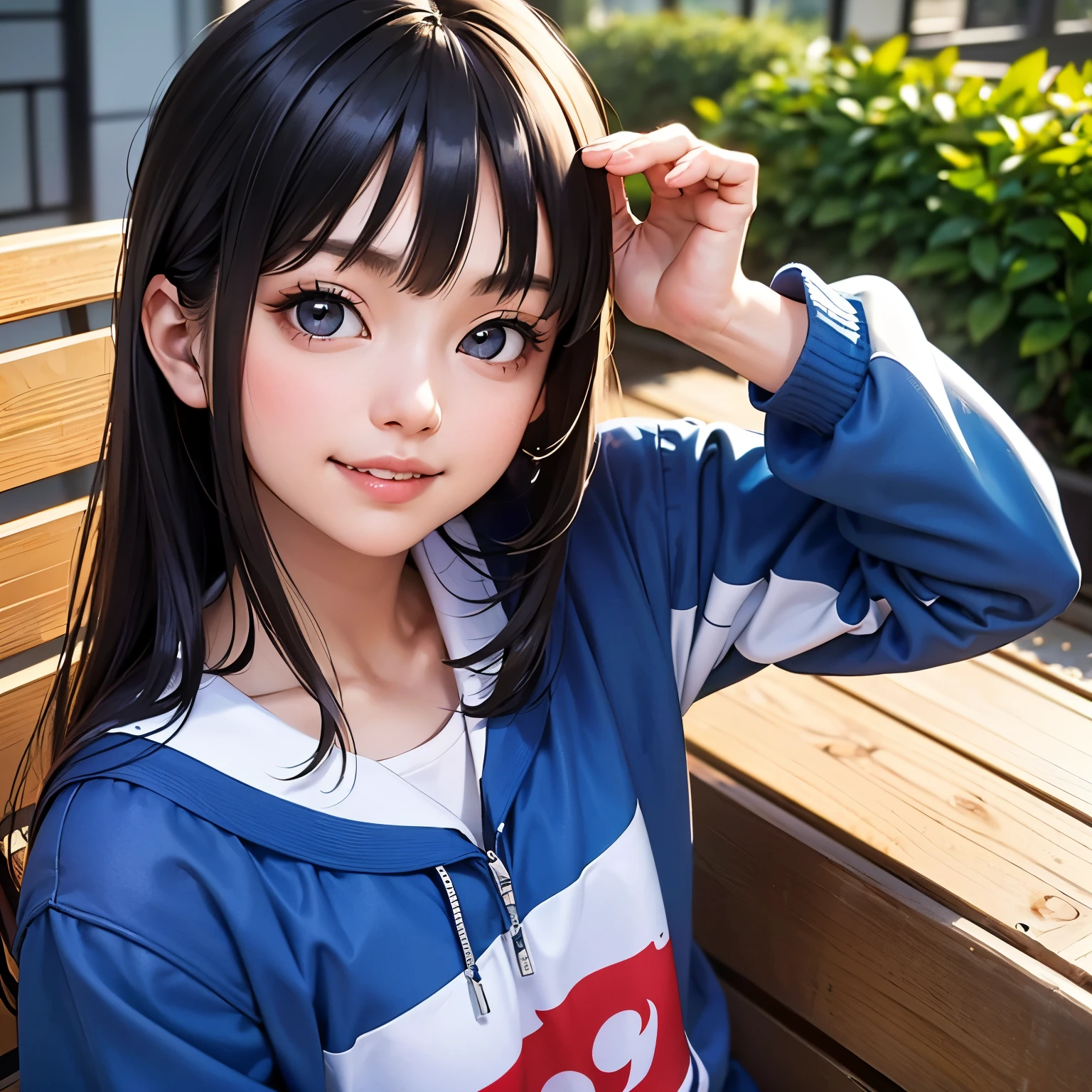 masterpiece, Highest quality, One girl, alone, TB, ((20-year-old, The Face of Japan, Japanese actress)), Long Hair, Black Hair, Iris, Blue jacket, Black gym clothes, (Expressionless), Sitting, Outdoor, Sitting on a bench, ((Upper Body, Face Focus, Face close-up)), smile, teeth,