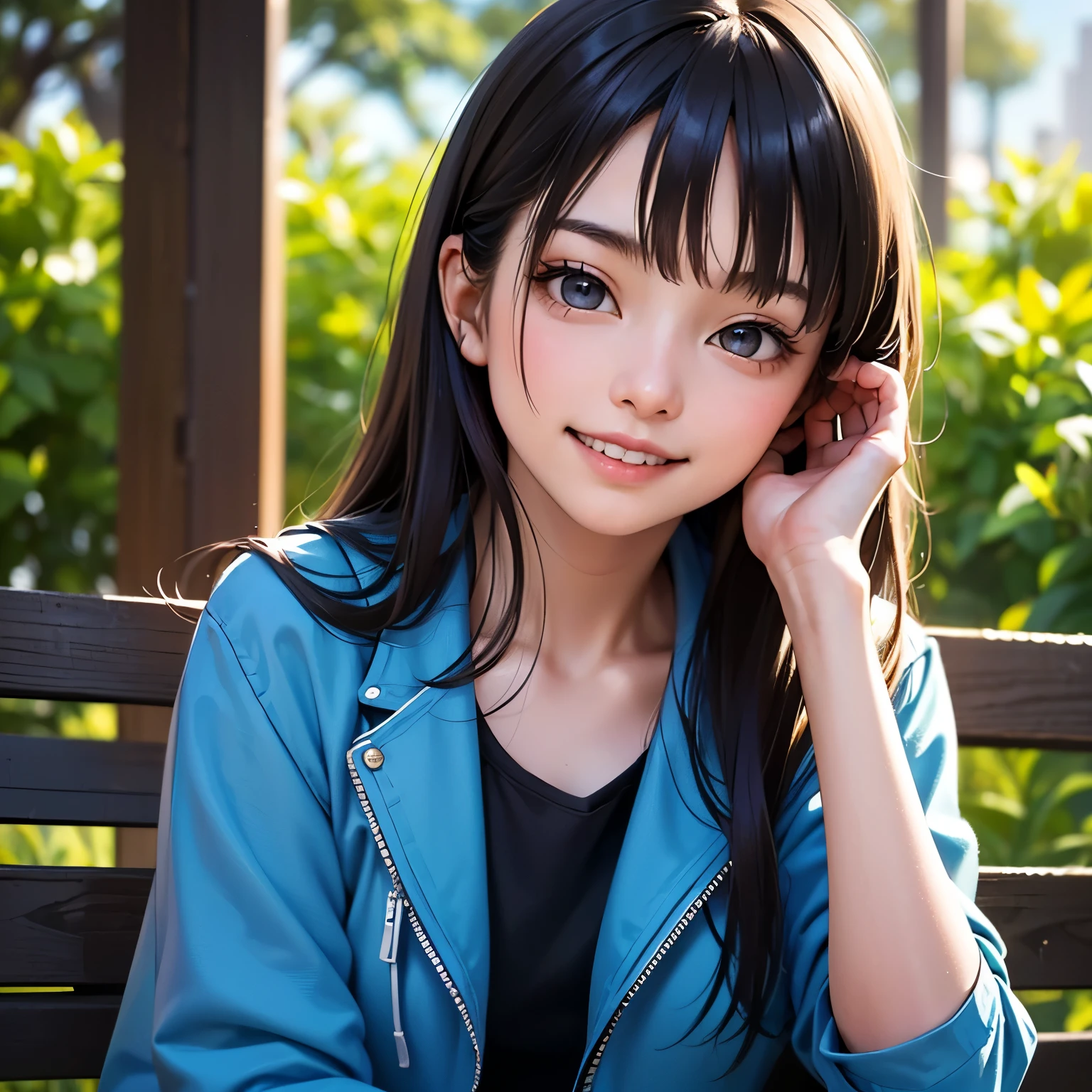 masterpiece, Highest quality, One girl, alone, TB, ((20-year-old, The Face of Japan, Japanese actress)), Long Hair, Black Hair, Iris, Blue jacket, Black gym clothes, (Expressionless), Sitting, Outdoor, Sitting on a bench, ((Upper Body, Face Focus, Face close-up)), smile, teeth,