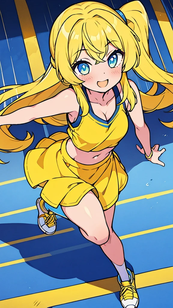 Luna Kirika, age girl, long straight yellow hair, blue eyes, yellow tank top showing her stomach and part of her breasts, yellow orange mini skirt, smooth arms, smooth thighs, yellow sports shoes, smile, beautiful, cute, feminine, sexy, background in Tokyo city in the morning.