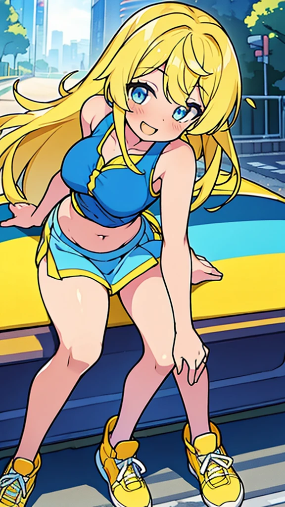 Luna Kirika, teenage girl, long straight yellow hair, blue eyes, yellow tank top showing her stomach and part of her breasts, yellow orange mini skirt, smooth arms, smooth thighs, yellow sports shoes, smile, beautiful, cute, feminine, sexy, background in Tokyo city in the morning.