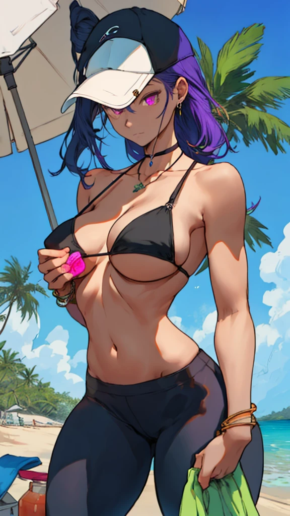extremely delicate and beautiful, Amazing, finely detail, masterpiece, ultra-detailed, highres,best illustration, best shadow,intricate, high quality, woman, solo, purple long hair, curvy, milf, giant breasts, sexy body, bikini top, (black yoga pants), minimal jewelry, hat, bright green glowing eyes, natural makeup, Alien planet, tropical beach, beach towel, fruit drinks, lotion on chest, beach umbrella, lot of colorful smoke everywhere background, palm trees, cutesexyrobutts