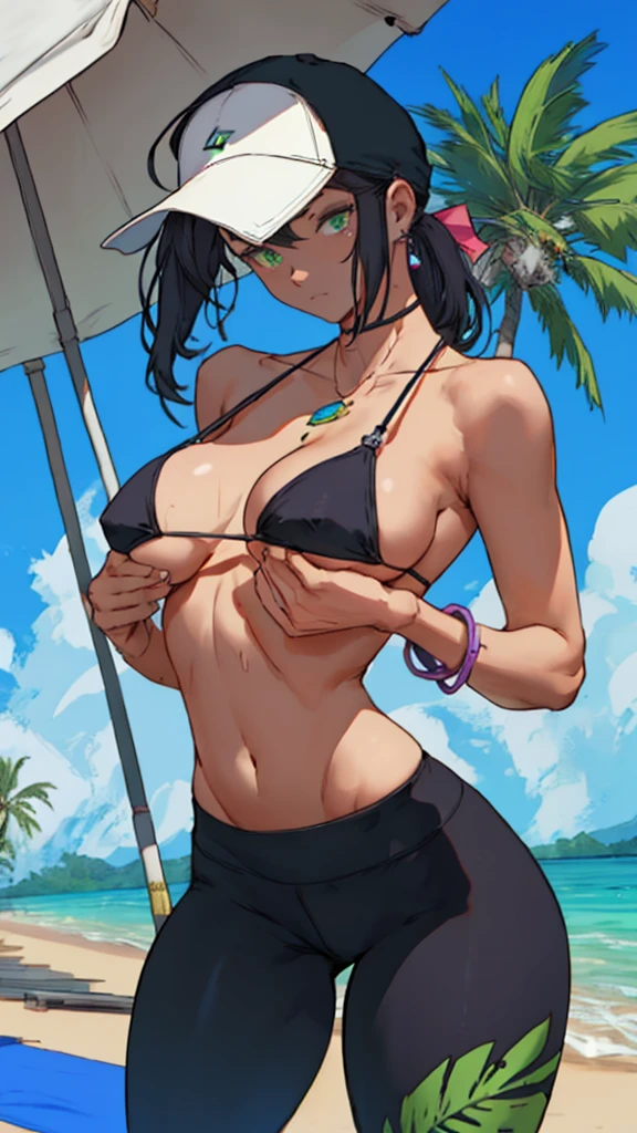 extremely delicate and beautiful, Amazing, finely detail, masterpiece, ultra-detailed, highres,best illustration, best shadow,intricate, high quality, woman, solo, purple long hair, curvy, milf, giant breasts, sexy body, bikini top, (black yoga pants), minimal jewelry, hat, bright green glowing eyes, natural makeup, Alien planet, tropical beach, beach towel, fruit drinks, lotion on chest, beach umbrella, lot of colorful smoke everywhere background, palm trees, cutesexyrobutts
