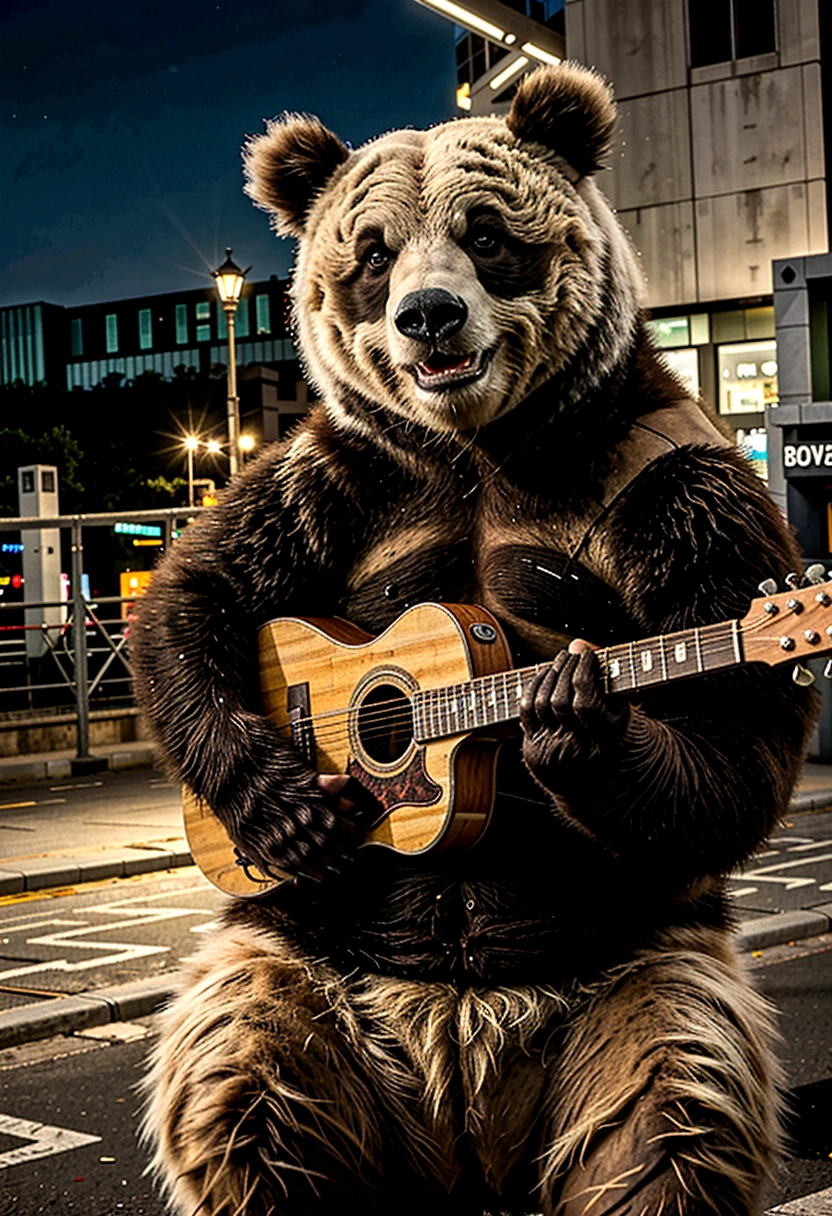 best qualityer, high resolution),ultra detali, cinematic lighting, a panda playing a guitar, in the background a city with large buildings, urban landscape