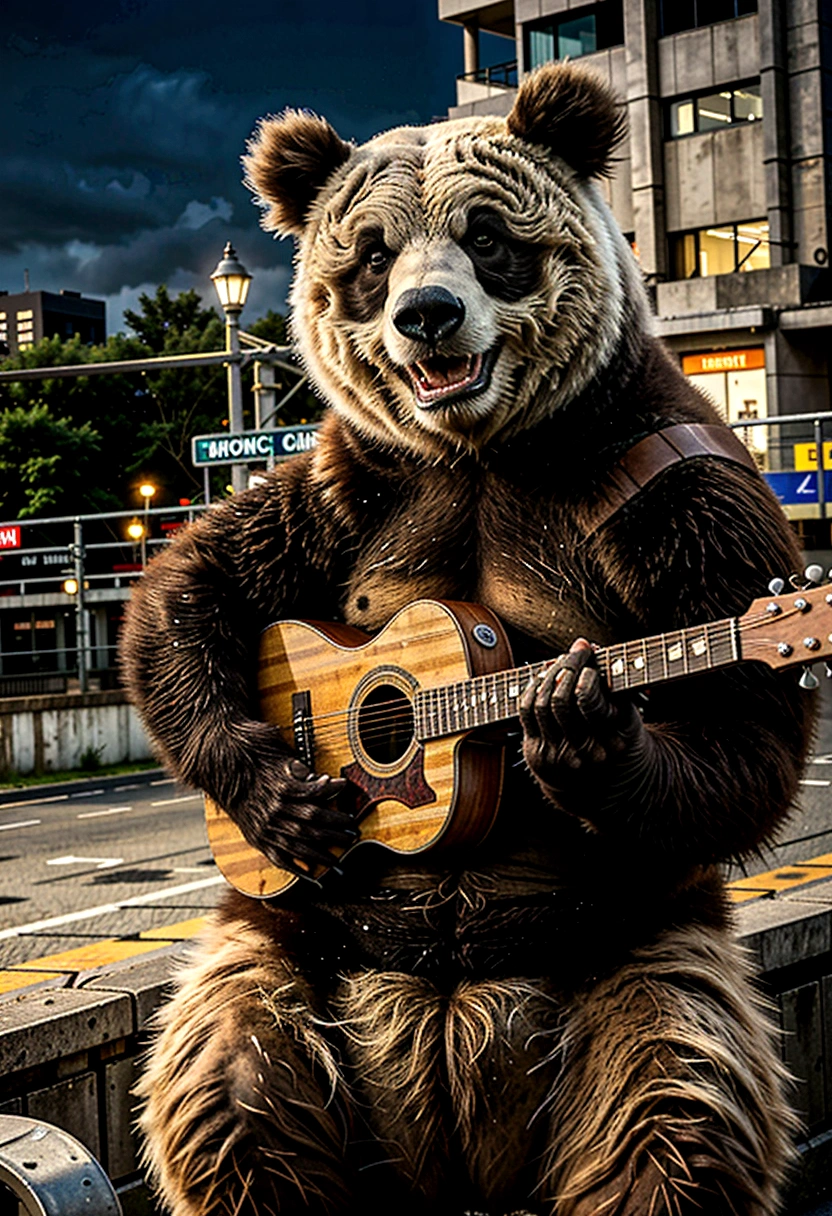 best qualityer, high resolution),ultra detali, cinematic lighting, a panda playing a guitar, in the background a city with large buildings, urban landscape