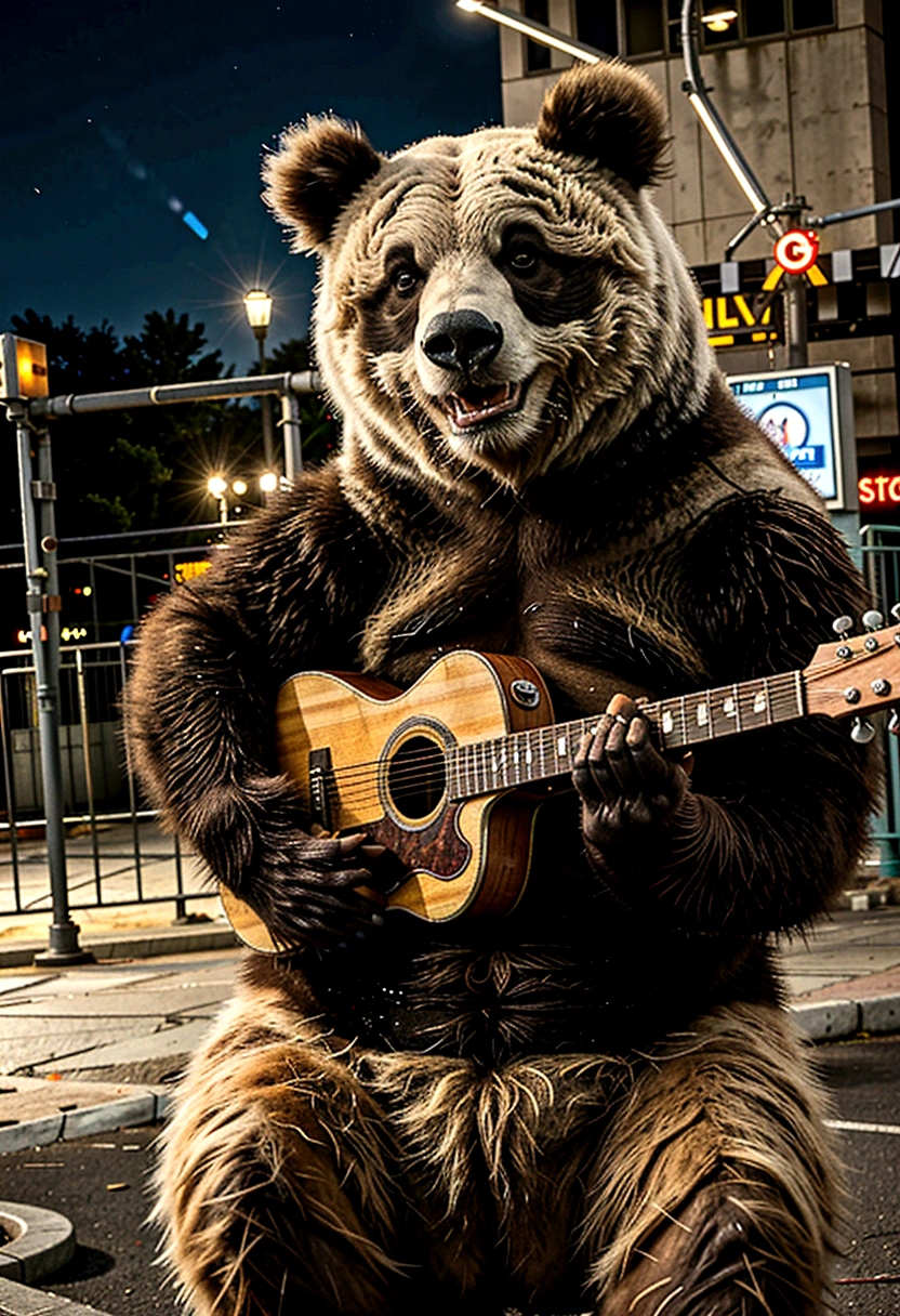 best qualityer, high resolution),ultra detali, cinematic lighting, a panda playing a guitar, in the background a city with large buildings, urban landscape