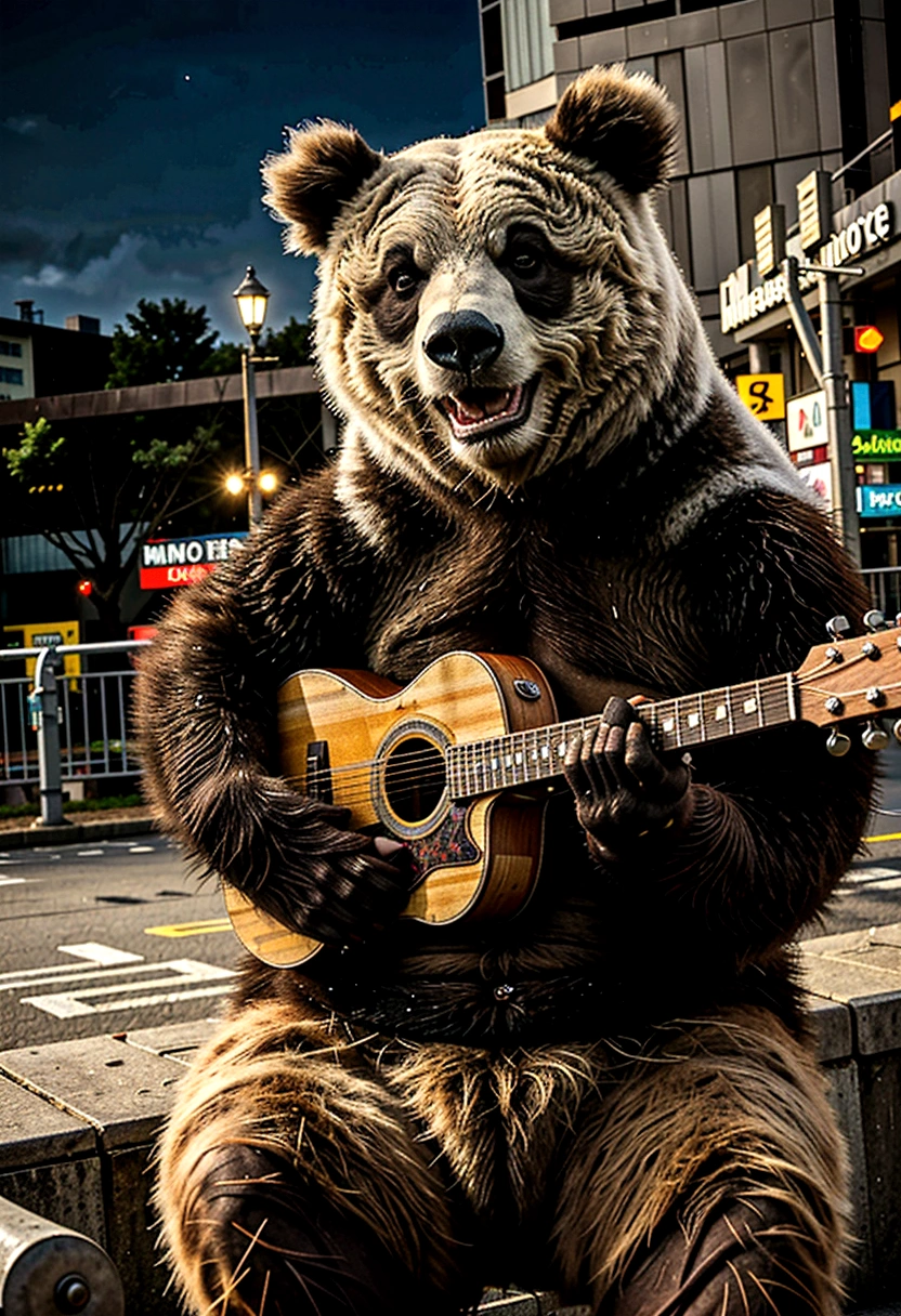 best qualityer, high resolution),ultra detali, cinematic lighting, a panda playing a guitar, in the background a city with large buildings, urban landscape