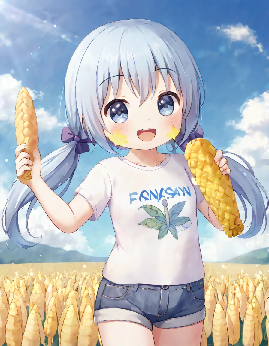 blue sky、White cloud、A field of corn、Light blue long hair、Cute chibi character with twin tails、Surrounded by corn, he is smiling happily and showing off his biggest smile.、A little character is eating corn、A kernel of corn on his cheek、Delicious smile、T-shirt and denim shorts