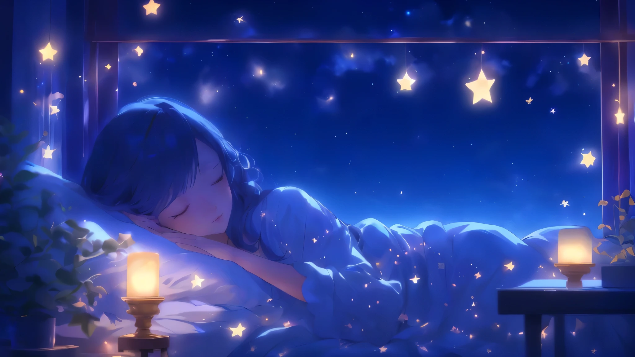 anime girl sleeping in bed with stars and candles in the window, A dreamlike night, night under the starry null, Anime Art Wallpapers 8K, anime art wallpaper 4k, anime art wallpaper 4k, star(null) starry_null, 4k anime wallpaper, Makoto Shinkai Cyril Rolland, quiet night. Digital Illustration, Nightcore, starry null, Dreamy illustration