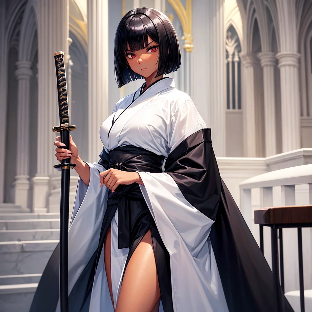 Femme mature, tanned skin, black bob hair!!!, yeux vairons blanc noir!!!, kimono sexy blanc, katana blanc, authoritarian look. (White cathedral interior)