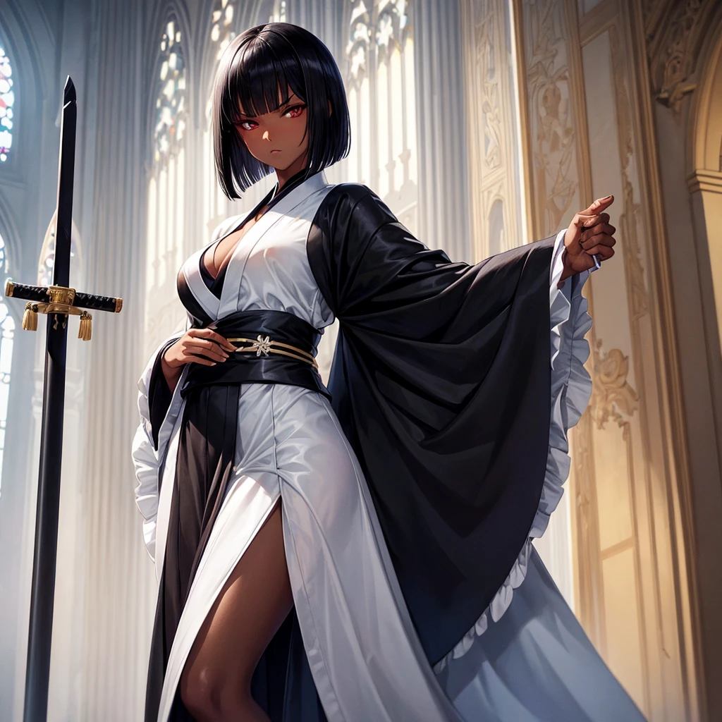 Femme mature, tanned skin, black bob hair!!!, yeux vairons blanc noir!!!, kimono sexy blanc, katana blanc, authoritarian look. (White cathedral interior)