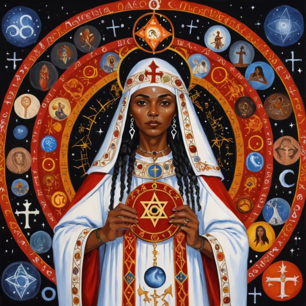 priestess (santa)of black ethnicity Maria Madalena, painted orthodox, symbols and elements of astrology, hermeticism, 
