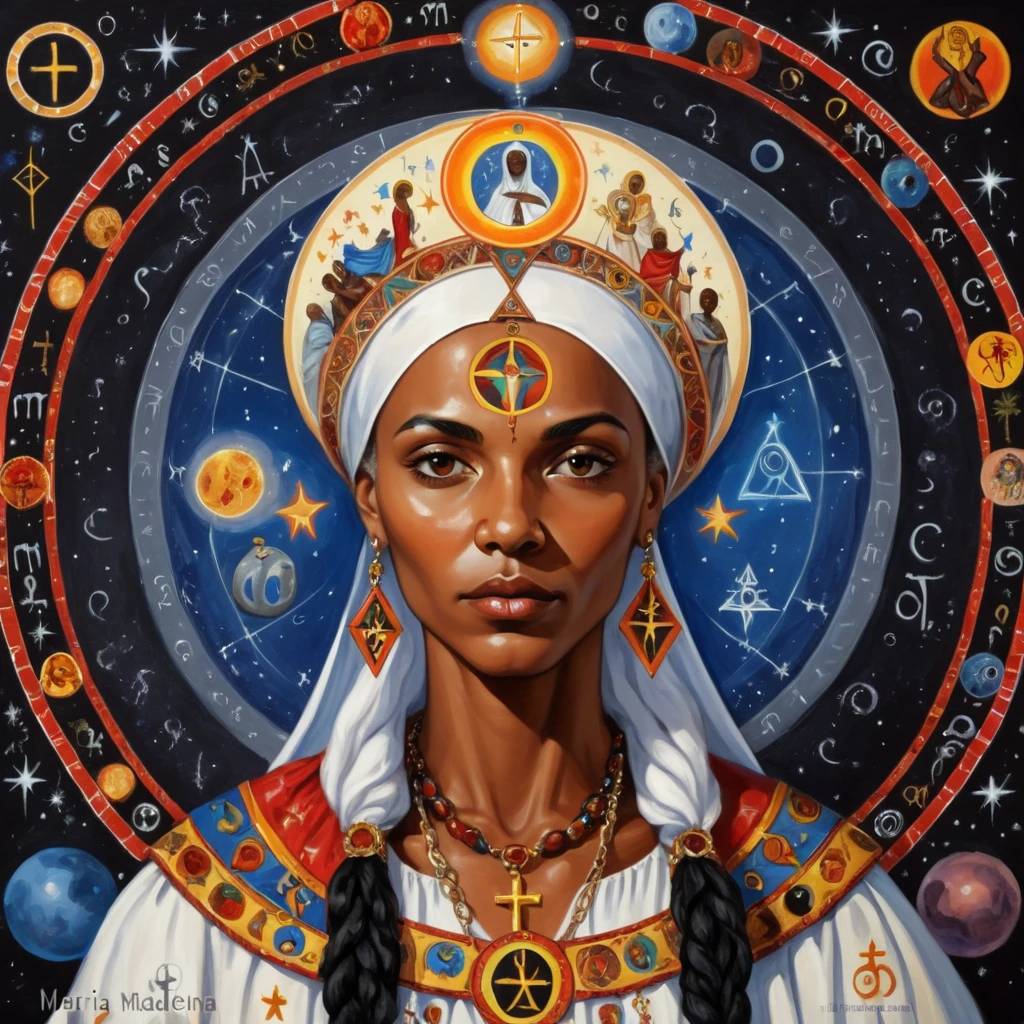 priestess (santa)of black ethnicity Maria Madalena, painted orthodox, symbols and elements of astrology, hermeticism, 
