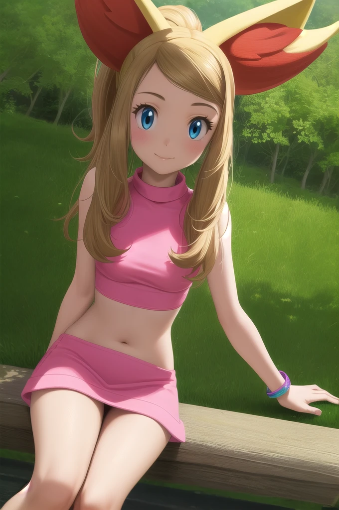 pkmnserena, 1girl, solo, blue eyes, blonde hair, long hair, ponytail, sidelocks, bangs, pink shirt, real life image, crop top, sleeveless, turtleneck, pink skirt, miniskirt, midriff, bracelet, smile,closed mouth,cowboy shot,sitting,forest,outdoor, (insanely detailed, beautiful detailed face, masterpiece, best quality) cinematic lighting, realistic photograph, realistic background, cute, real life photo, looks like real life, soft texture