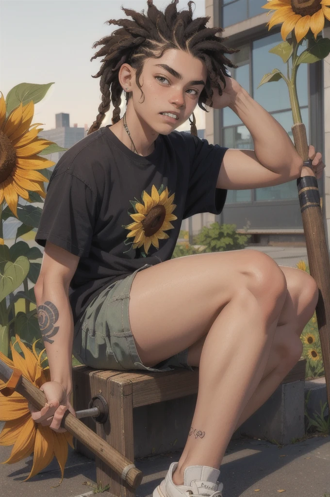 16 year old with very loose and masculine street style clothes, Caucasian skin, short dreads in hair and holding an ax, teeth split down the middle and a little chubby with just a sunflower tattoo on her left arm, sitting in an ??? office