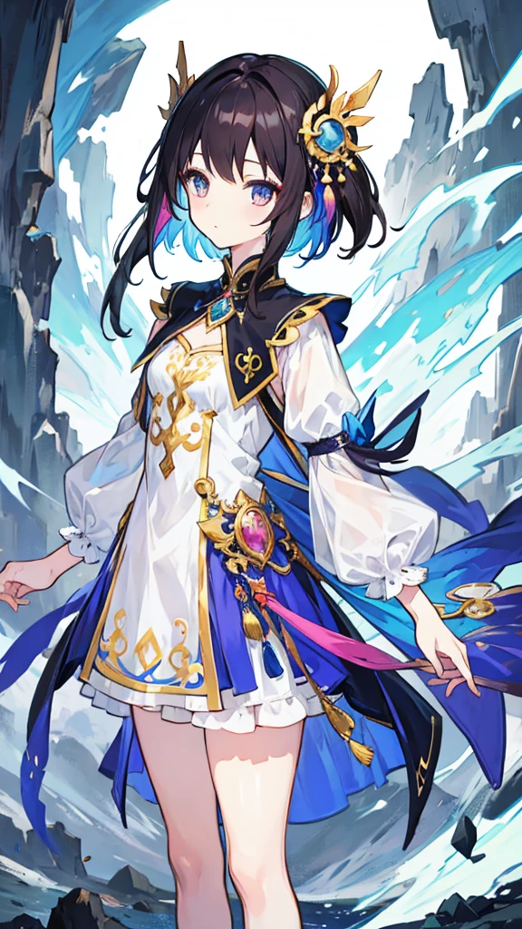 fantasy world girl with colorful hair, accessories, detailed clothes, dark hair