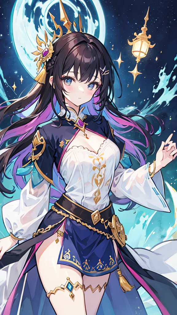 European medieval fantasy sorceress, Italian features, 22 years old, very long black hair, holds a long stick, with orbs