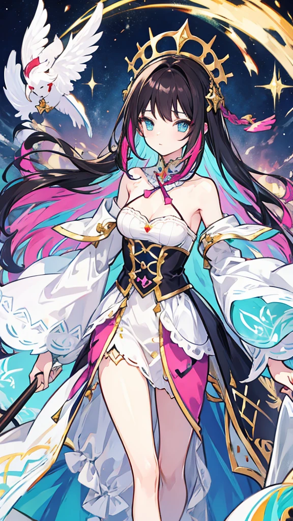 fantasy world girl with colorful hair, accessories, detailed clothes, dark hair