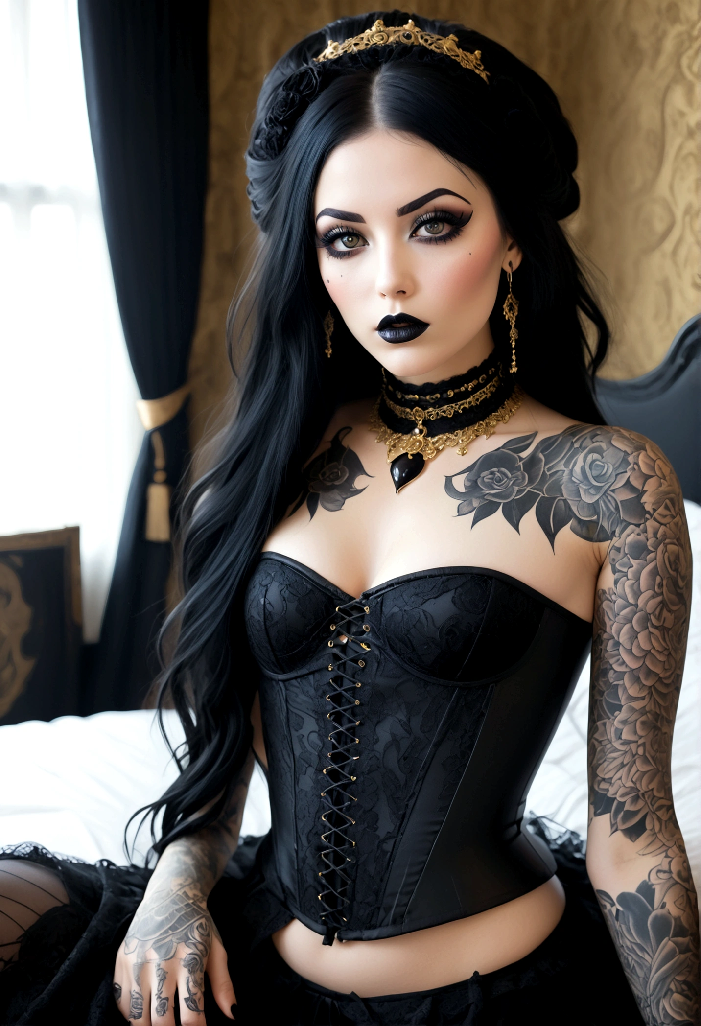 Create a photo realistic hyper realistic heavily tattooed goth girl, perfect face, thin curved black eyebrows, long luscious eyelashes, black eyeliner, black eye shadow,curved lips, thick black lipstick, half shaved long luscious black hair, black lace choker collar, golden ratio body, black corset, black thong, sitting in a bed one and in hair the other hand over mouth,