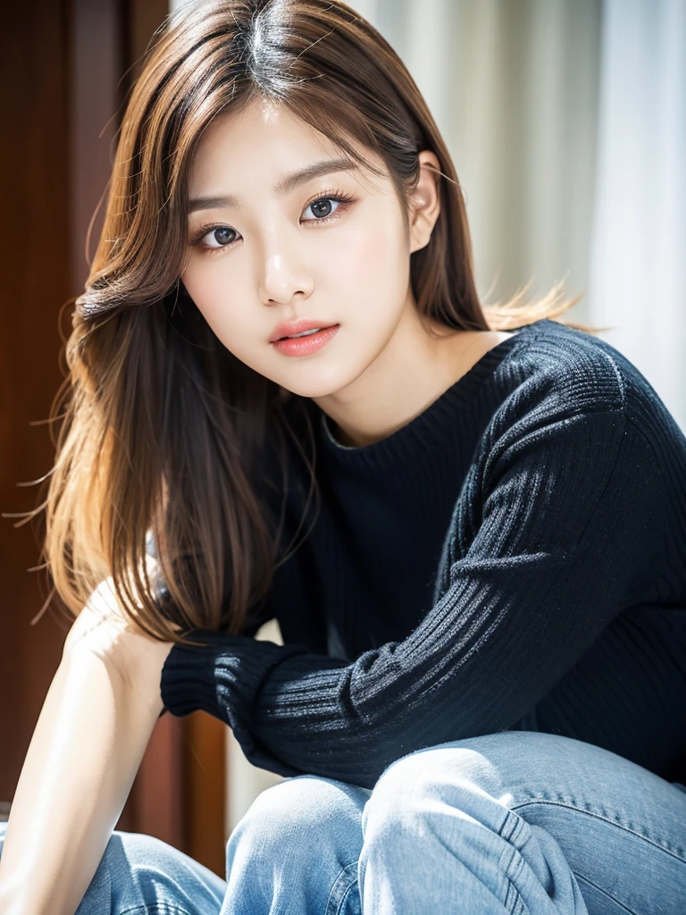 Kwon Eun-bi is a young Korean woman in her 28s. Her hair is short at shoulder in a blonde colors.
Her face is slightly shorter than it is long, which carry a warm , expressive face. Her skin is radiant and clear, presenting an impeccable state of health and her curved lips.
Large, brown eyes are expressive and captivating.
Her height is medium, her natural body and defined made up of proportional curves. with the most charming and provocative. It matches their personalities.
She wearing a Black sweater and jeans.
