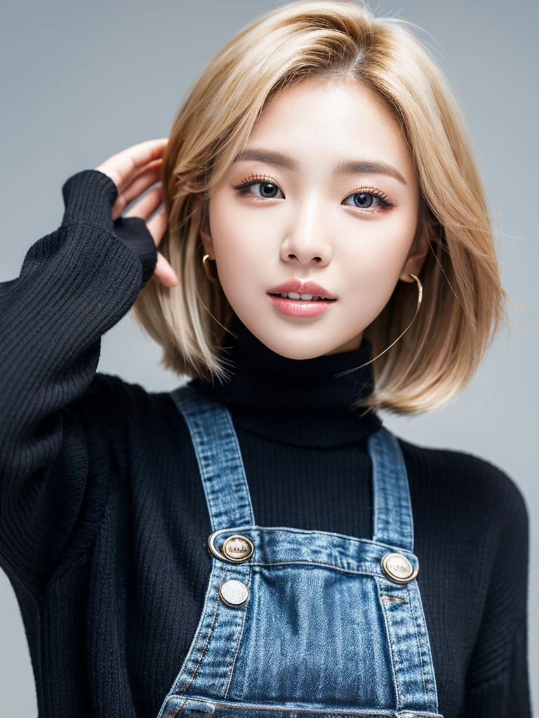 Kwon Eun-bi is a young Korean woman in her 28s. Her hair is short at shoulder in a blonde colors.
Her face is slightly shorter than it is long, which carry a warm , expressive face. Her skin is radiant and clear, presenting an impeccable state of health and her curved lips.
Large, brown eyes are expressive and captivating.
Her height is medium, her natural body and defined made up of proportional curves. with the most charming and provocative. It matches their personalities.
She wearing a Black sweater and jeans.
