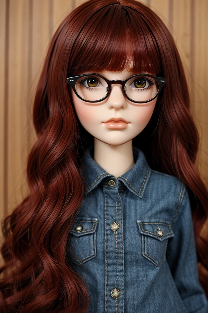make me a blythe doll with dark red hair, bangs and glasses