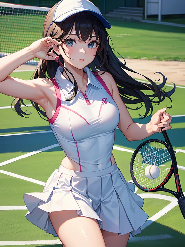 masterpiece, high-quality, a young woman, playing tennis, wearing tennis wear, up to serve, perfect face, perfect hands