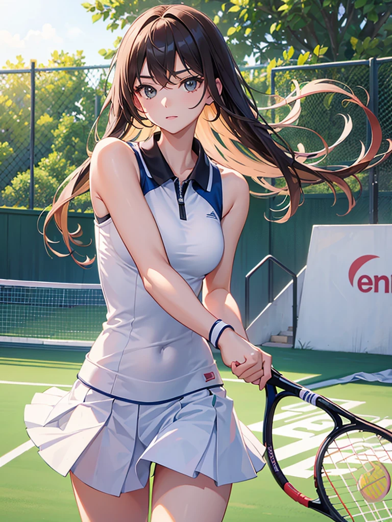 masterpiece, high-quality, a young woman, playing tennis, wearing tennis wear, up to serve, perfect face, perfect hands