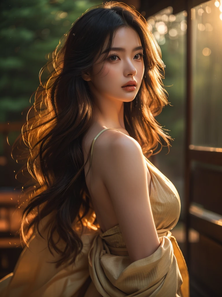 Beautiful woman、Japanese tradition、(Very large breasts)、kimono、Spectacular views、Suspicious atmosphere、Cinematic atmosphere、(best quality,4K,8K,highres,masterpiece:1.2),ultra-detailed,(realistic,photorealistic,photo-realistic:1.37)、Dim lighting、whole body、forest、forest、Dim lighting、(looking at viewer),Realistic、Like live action