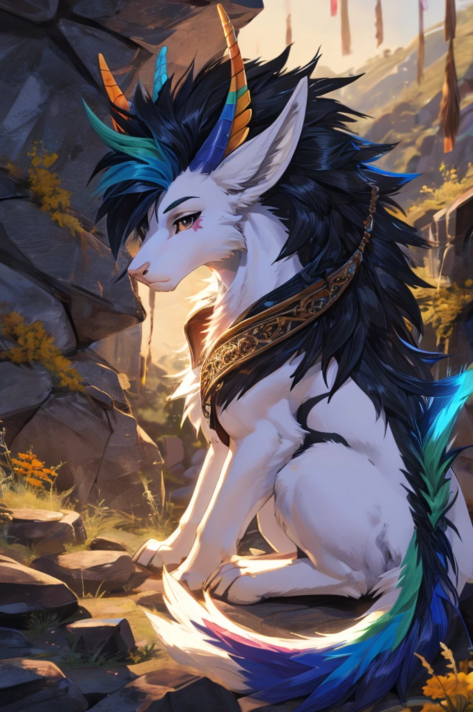 Feral, large, Alicorn, white fur, black mane and tail, rainbow mane and tail accents
