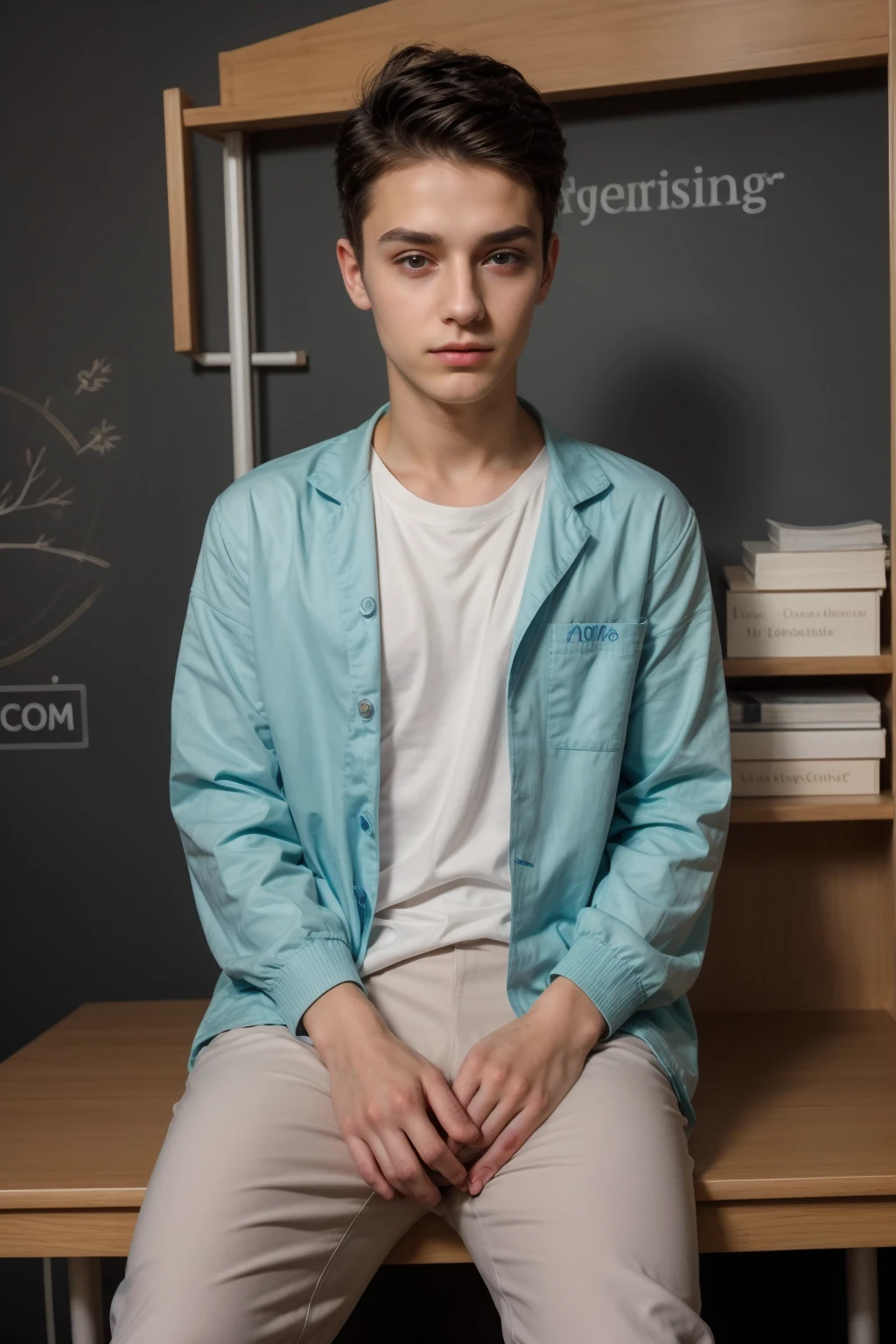 A beautiful young male twink, cute, with black hair and a face with makeup, wearing a bright white long-sleeved shirt and aqua blue pants, and he is in his office, and behind him is a blackboard on which is written the shape of the brain and its , and nuclear energy comes out of it, and he has a face with makeup and and.  His eyes have dark circles under them, and he is sitting studying with a huge medical book on surgery, and he appears fully formed, with a beautiful face with makeup