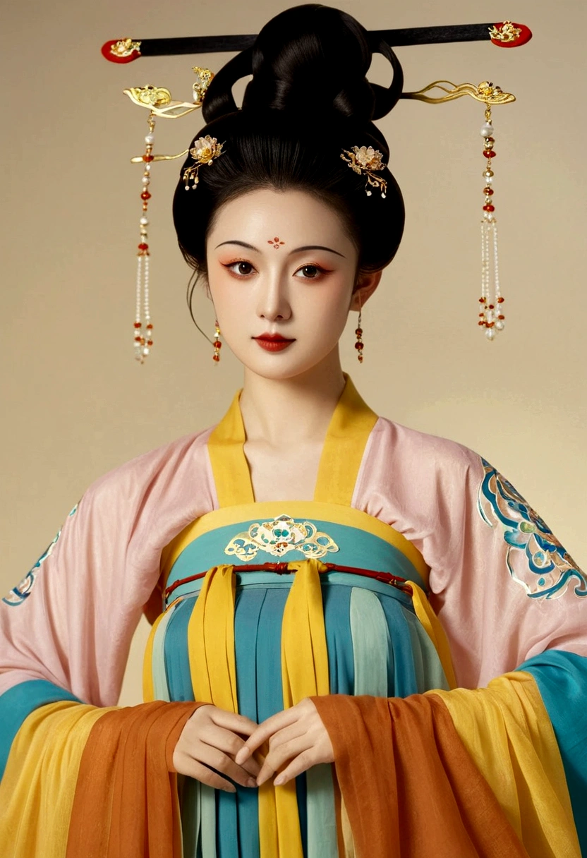 Beautiful girl portrait，Fairy，symmetry，Round Face，Bright Eyes，Smooth skin，Chinese Tang Dynasty Flag Costume,egotistical,High bun，Air bangs，Finger fan，Long flowing sleeves，Clean background