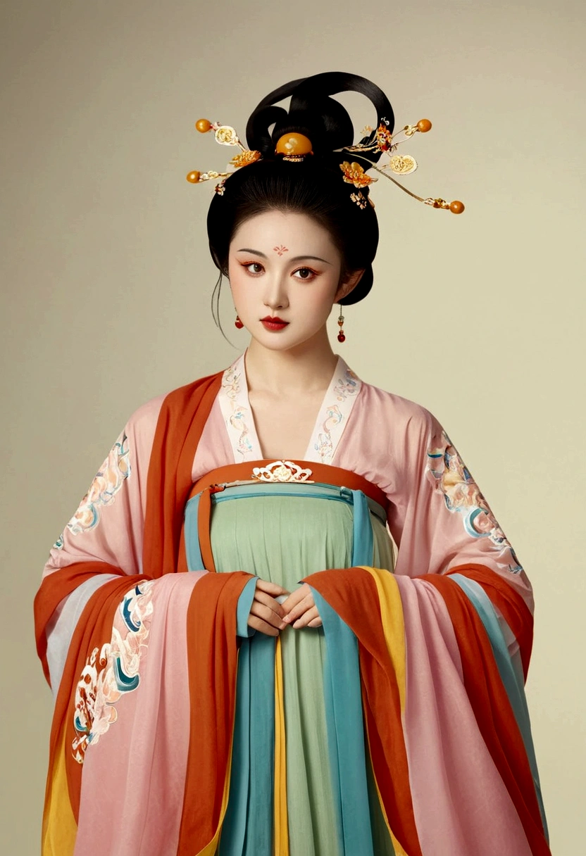 Beautiful girl portrait,Fairy,symmetry,Round Face,Bright Eyes,Smooth skin,Chinese Tang Dynasty Flag Costume,egotistical,High bun,Air bangs,Finger fan,Long flowing sleeves,Clean background