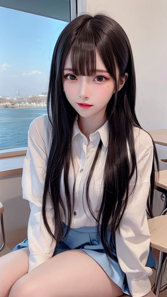bright expression、photorealisim、top-quality、超A high resolution、a picture、Photos of the most beautiful Nordic girls、Detailed cute and beautiful face、a small face、(pureerosface_v1:0.008)、Beautiful bangs、alice in the wonderland、sixteen years old、(thighs thighs thighs thighs:1.2)、full body Esbian、Glowing white shiny skin、Hair tangled in the face、Bangs that extend to the face、bangss、Hair between the eyes、length hair、Silky hair of attractive black color、finer hair、Beautiful bright and clear light blue eyes with a charming sparkle、(winter school uniform:1.2)、(pleatedskirt:1.2)、eye liner、Sitting in a classroom、Double eyelids、ample breasts、Dynamic Pose