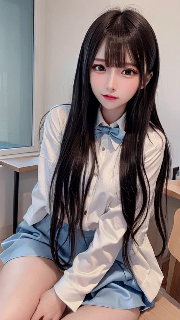 bright expression、photorealisim、top-quality、超A high resolution、a picture、Photos of the most beautiful Nordic girls、Detailed cute and beautiful face、a small face、(pureerosface_v1:0.008)、Beautiful bangs、alice in the wonderland、、(thighs thighs thighs thighs:1.2)、full body Esbian、Glowing white shiny skin、Hair tangled in the face、Bangs that extend to the face、bangss、Hair between the eyes、length hair、Silky hair of attractive black color、finer hair、Beautiful bright and clear light blue eyes with a charming sparkle、(winter school uniform:1.2)、(pleatedskirt:1.2)、eye liner、Sitting in a classroom、Double eyelids、ample breasts、Dynamic Pose