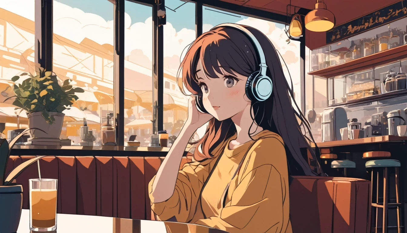 Woman listening to music in a cafe、, Wide-angle lens, Lofi Anime, Lofi illustration, Aesthetic atmosphere, Lo-Fi Style, Vector art, Flat Design, Simple shape, Warm tones, Pleasant atmosphere, Chill, In anime style, Digital drawing, Vector art, Vector logo for t-shirt printing, (Adorable:1.5), (small:1.4), (Playful:1.2), (soft:1.3), (Whimsical:1.1), masterpiece, Highest quality, 8K, Intricate details, grow, Celestial, Mysterious, Picturesque, amazing, Majestic, Magic, Fantasy art, Cover art, dream-like