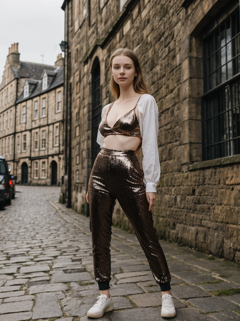 her name is Elle, high quality, 1girl, ((20-year-old fit Caucasian woman)), ((20 years old)), ((fit)), ((pale skin)), Beachy Waves dark hair , wearing Rose Gold Sequin Bralette + High-Waisted Forest Green Silk Joggers, pose: standing, background: Describe the historic charm of Edinburgh's Royal Mile, with its cobblestone streets, medieval buildings, and the imposing Edinburgh Castle at one end.