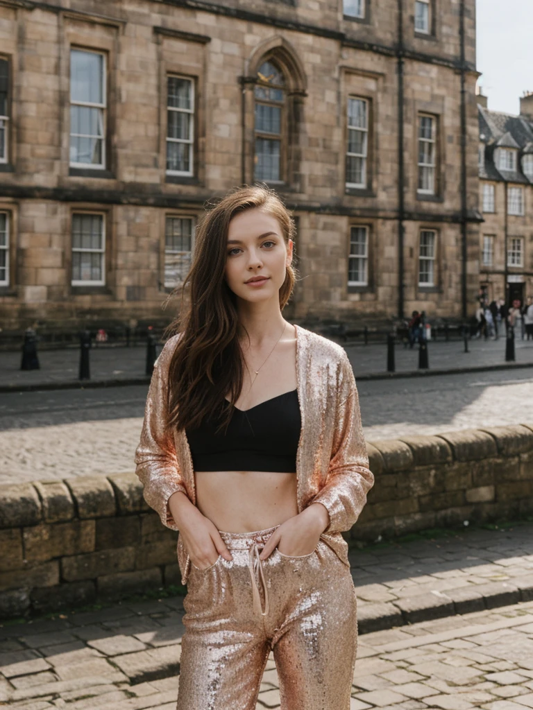 her name is Elle, high quality, 1girl, ((20-year-old fit Caucasian woman)), ((20 years old)), ((fit)), ((pale skin)), Beachy Waves dark hair , wearing Rose Gold Sequin Bralette + High-Waisted Forest Green Silk Joggers, pose: standing, background: Describe the historic charm of Edinburgh's Royal Mile, with its cobblestone streets, medieval buildings, and the imposing Edinburgh Castle at one end.