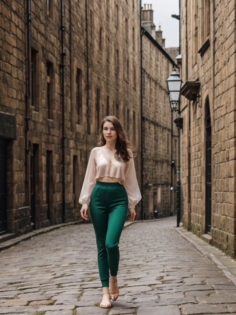 her name is Elle, high quality, 1girl, ((20-year-old fit Caucasian woman)), ((20 years old)), ((fit)), ((pale skin)), Beachy Waves dark hair , wearing Rose Gold Sequin Bralette + High-Waisted Forest Green Silk Joggers, pose: standing, background: Describe the historic charm of Edinburgh's Royal Mile, with its cobblestone streets, medieval buildings, and the imposing Edinburgh Castle at one end.