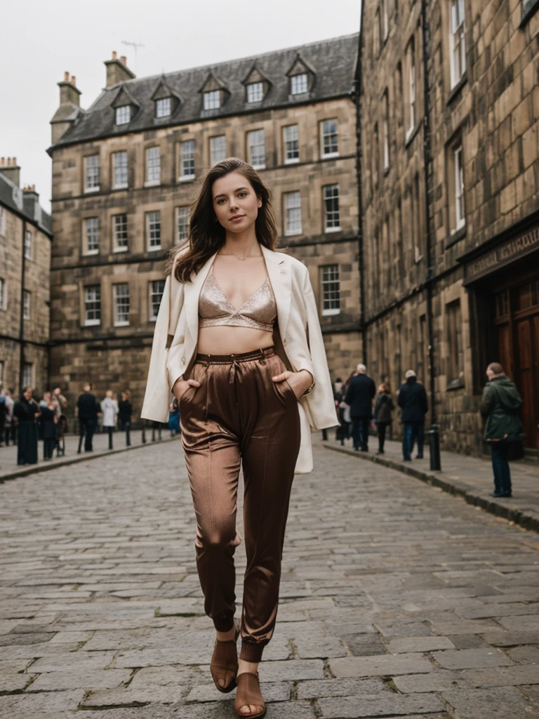 her name is Elle, high quality, 1girl, ((20-year-old fit Caucasian woman)), ((20 years old)), ((fit)), ((pale skin)), Beachy Waves dark hair , wearing Rose Gold Sequin Bralette + High-Waisted Forest Green Silk Joggers, pose: standing, background: Describe the historic charm of Edinburgh's Royal Mile, with its cobblestone streets, medieval buildings, and the imposing Edinburgh Castle at one end.