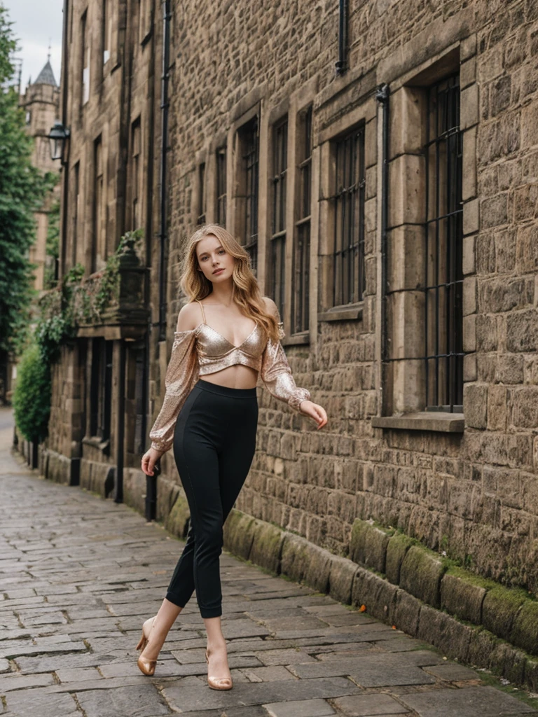 her name is Elle, high quality, 1girl, ((20-year-old fit Caucasian woman)), ((20 years old)), ((fit)), ((pale skin)), Beachy Waves dark hair , wearing Rose Gold Sequin Bralette + High-Waisted Forest Green Silk Joggers, pose: standing, background: Describe the historic charm of Edinburgh's Royal Mile, with its cobblestone streets, medieval buildings, and the imposing Edinburgh Castle at one end.