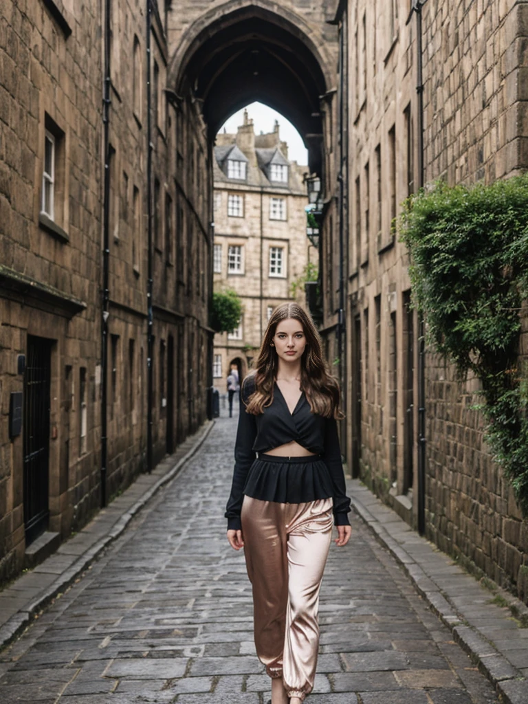 her name is Elle, high quality, 1girl, ((20-year-old fit Caucasian woman)), ((20 years old)), ((fit)), ((pale skin)), Beachy Waves dark hair , wearing Rose Gold Sequin Bralette + High-Waisted Forest Green Silk Joggers, pose: standing, background: Describe the historic charm of Edinburgh's Royal Mile, with its cobblestone streets, medieval buildings, and the imposing Edinburgh Castle at one end.