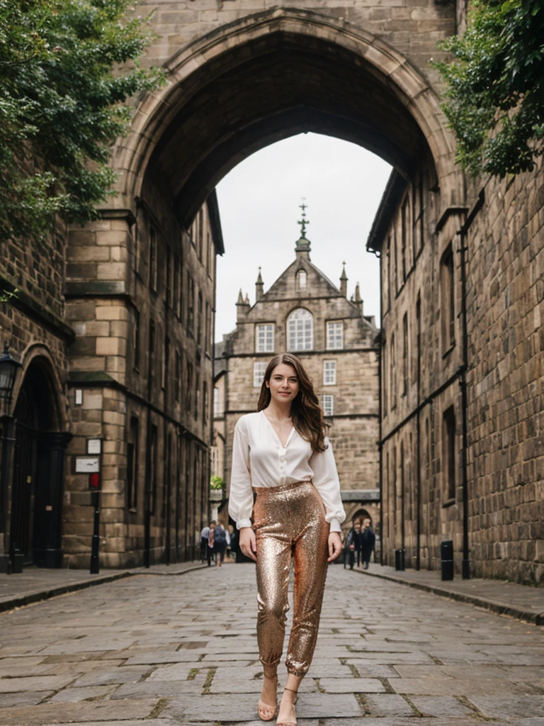 her name is Elle, high quality, 1girl, ((20-year-old fit Caucasian woman)), ((20 years old)), ((fit)), ((pale skin)), Beachy Waves dark hair , wearing Rose Gold Sequin Bralette + High-Waisted Forest Green Silk Joggers, pose: standing, background: Describe the historic charm of Edinburgh's Royal Mile, with its cobblestone streets, medieval buildings, and the imposing Edinburgh Castle at one end.