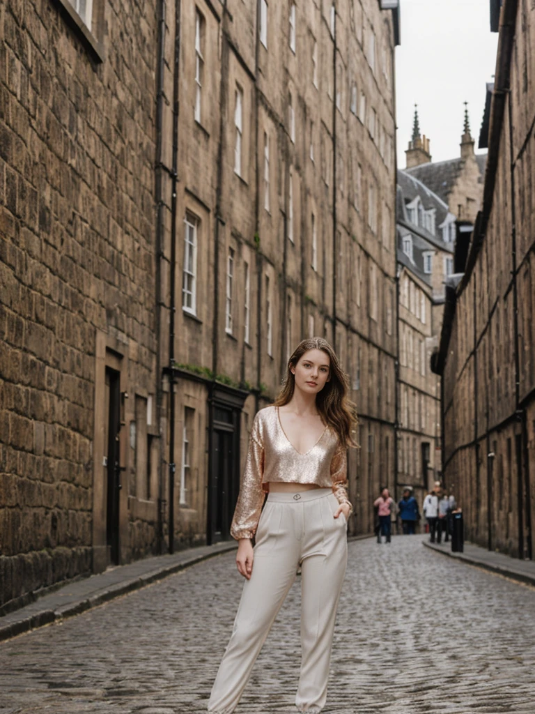 her name is Elle, high quality, 1girl, ((20-year-old fit Caucasian woman)), ((20 years old)), ((fit)), ((pale skin)), Beachy Waves dark hair , wearing Rose Gold Sequin Bralette + High-Waisted Forest Green Silk Joggers, pose: standing, background: Describe the historic charm of Edinburgh's Royal Mile, with its cobblestone streets, medieval buildings, and the imposing Edinburgh Castle at one end.